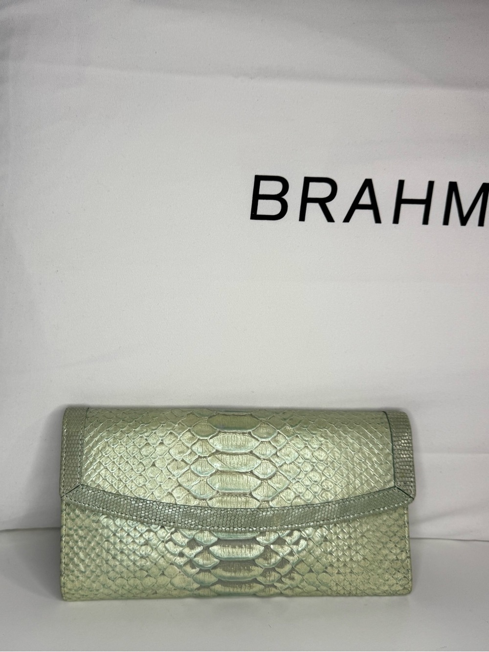 Brahmin Vintage checkbook wallet in light green snake print